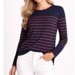 J. McLaughlin Pullover Sweater Striped Knit Ribbed Crew Neck Blue Burgundy Med